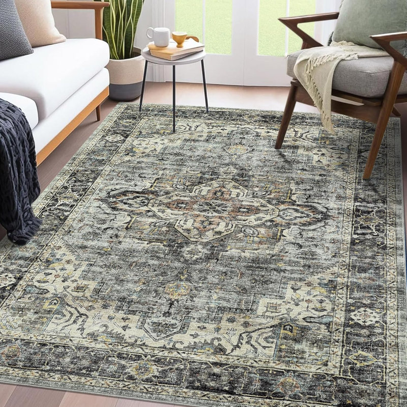 Vintage 5x7 Area Rug, Washable, Large, Distressed, Non-Slip, Non-Shedding, Low Pile, Living Room, Bedroom, Dining Room, Green.
