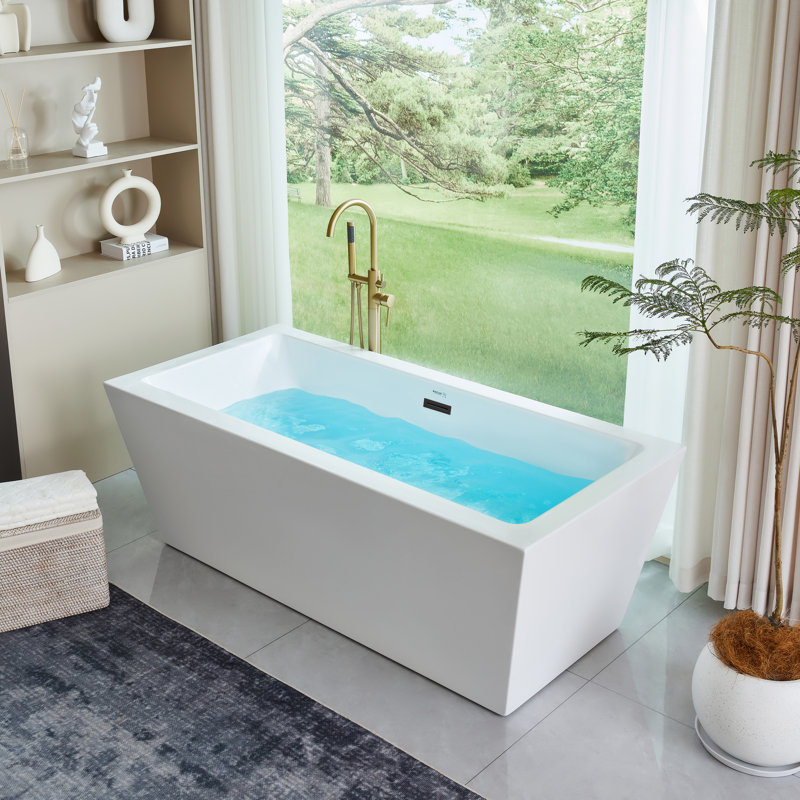 67" x 32" Freestanding Soaking Acrylic Bathtub, White/Matte Black