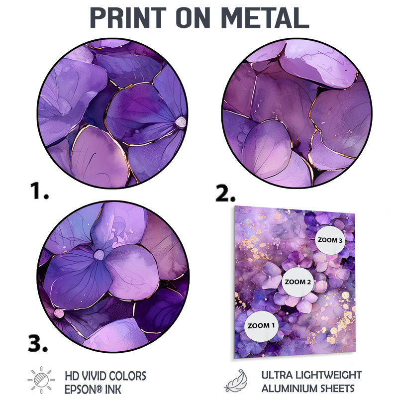 Aura mauve d'hortensias I - hydrangées, décoration murale en métal, impression traditionnelle sur métal