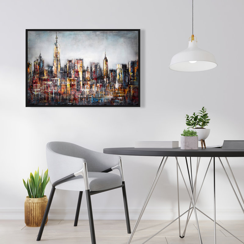 «Dark Cityscape», art contemporain sur toile encadré jaune