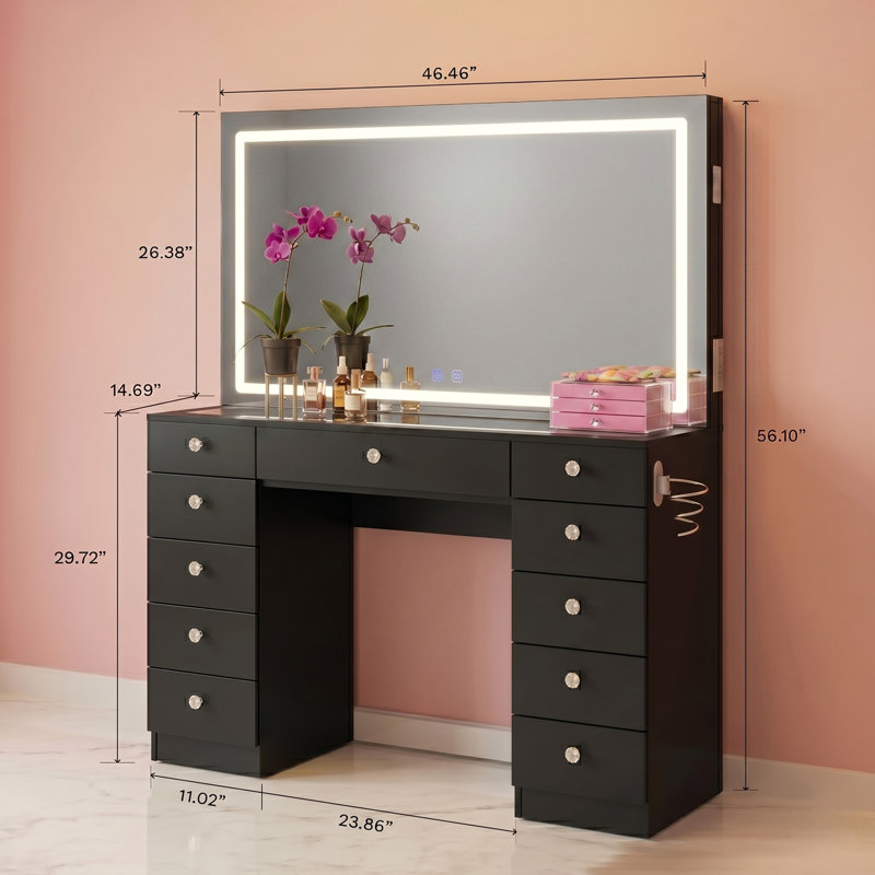 Coiffeuse Boahaus Amelia avec miroir à DEL et coiffeuse à maquillage, Black