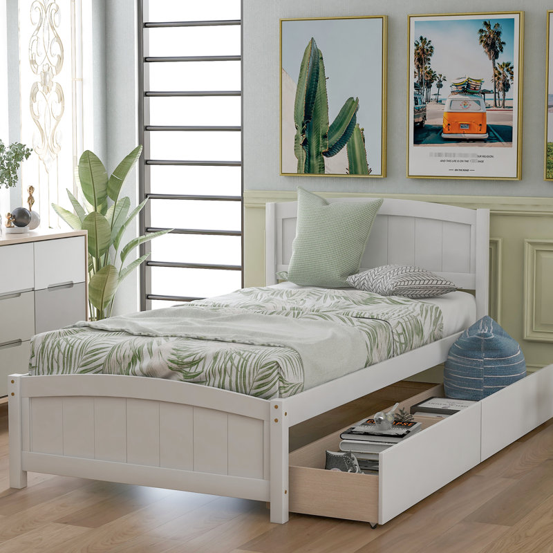 Lit simple blanc avec crochets de tiroir - Bois massif pour une solution de rangement pratique pour la chambre à coucher