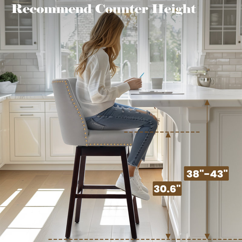 Eriqa Swivel 30.6'' Bar Stool, Light Gray, Light Gray Faux Leather