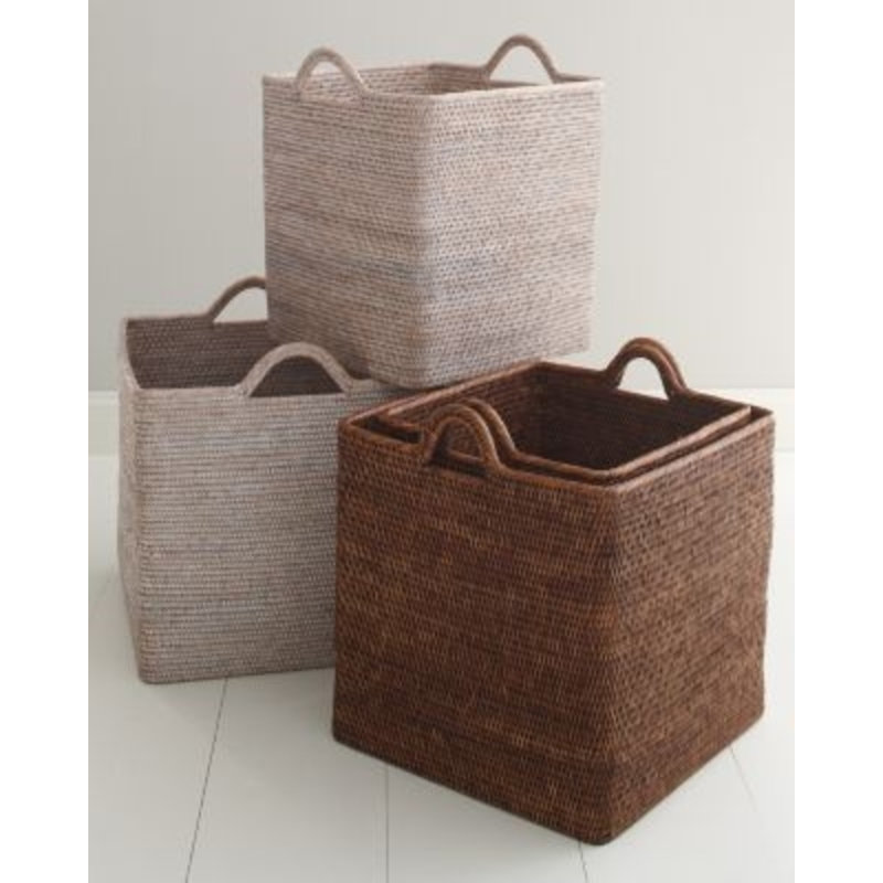 Ensemble carré de 2 paniers emboîtables avec poignées en boucle, Brun antique