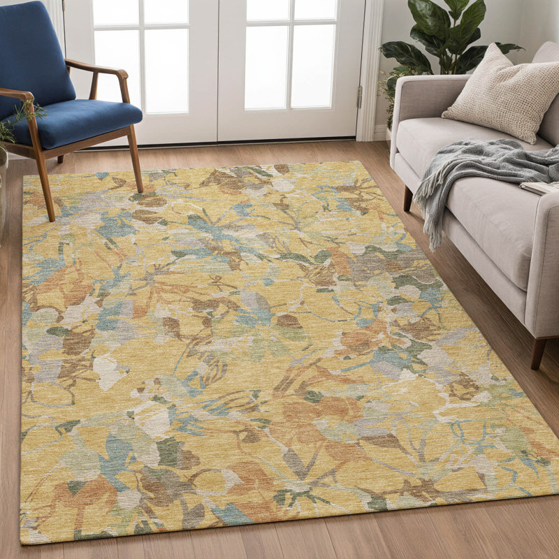 Tapis floral intérieur / extérieur lavable à la machine Chantille ACN3005, Doré, 10 pi x 14 pi