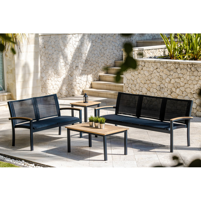Tribeca Aluminum Teak Sling Stacking 2 - Seater Loveseat, Black/Brown