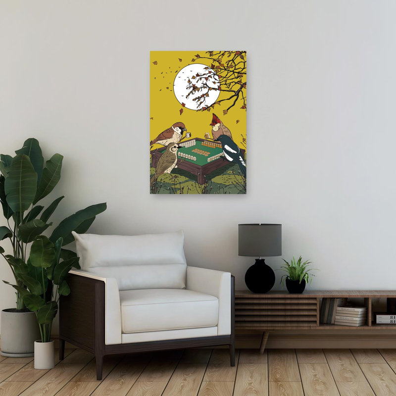 Birds Playing Mahjong Surreal Whimsical Abstract Bird Autumn Forest Wall Art Print, 91.44cm H x 60.96cm W