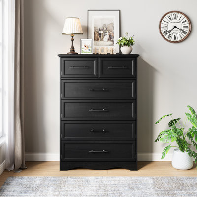 Black Dresser For Bedroom, Modern 6 Chest Of Drawers, 44" Tall Chest Of Drawers W/brushed Metal Handle, Wood Closet Organizers And Storage Cabinet For