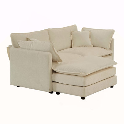 Chenille Two-Seater Sofa with 1 Footrest, 2 Seater L-Shaped Sectional with Ottoman,Loveseat with Ottoman for Small Living Space, Light Coffee Chenille