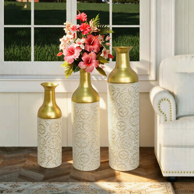 Ensemble de 3 vases de sol décoratifs en métal, motif feuille d'or et blanc antique