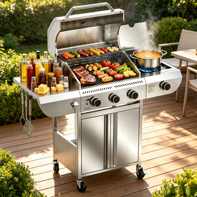 R.W.FLAME 3 - Burner Stainless Steel Gas Grill with 1 Side Burner & Dual Brake Universal Wheels, 34,000 BTU Liquid Propane Gas Grill, Ideal for Outdoor Grilling & Backyard Use