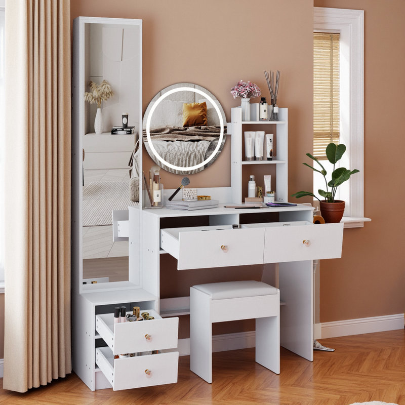 63 Inch Full Body Mirror Vanity Set with Power Station, LED Dressing Table with 4-Port Charging and Stool, White