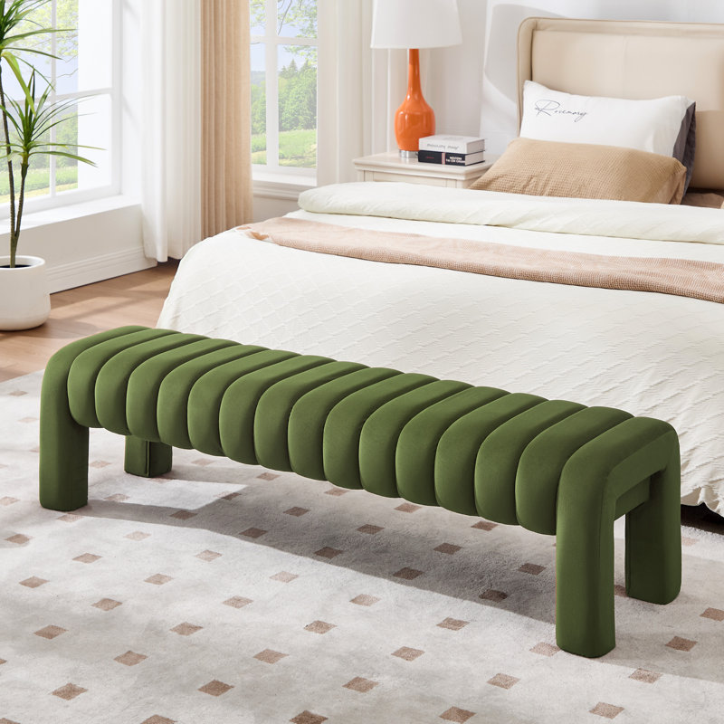 Oyan Modern Channel Tufted Backless Upholstered Bench, 17" H x 63" W x 17.3" D, Green Velvet