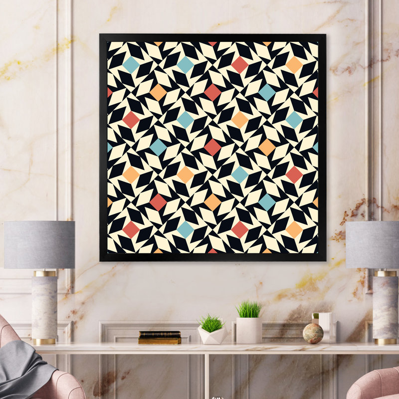 «Blue Orange and Red Retro Geometrics I», reproduction d'art sur toile, H 36 po x l 36 po x P 1 po, Cadre photo noir