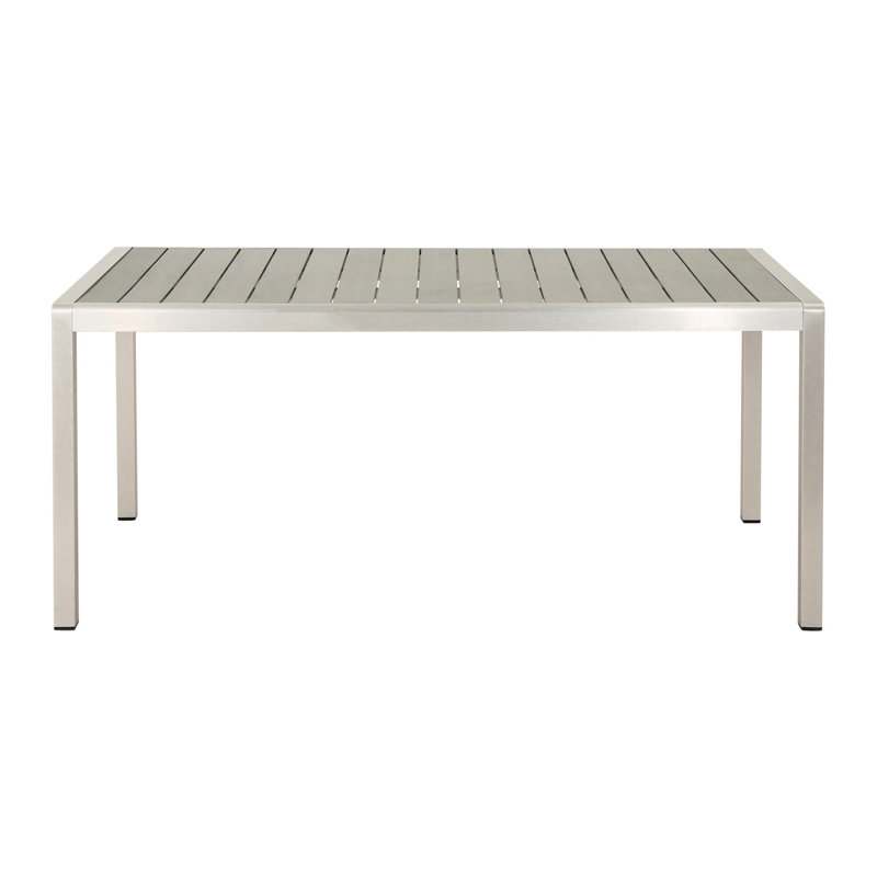 Table de salle à manger moderne avec plateau en faux bois, teinte grise et cadre en aluminium