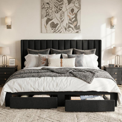King Size Bed Frame, Velvet Upholstered Bed Frame with Wingback Headboard, 2 Storage Drawers, No Box Spring Needed, Black