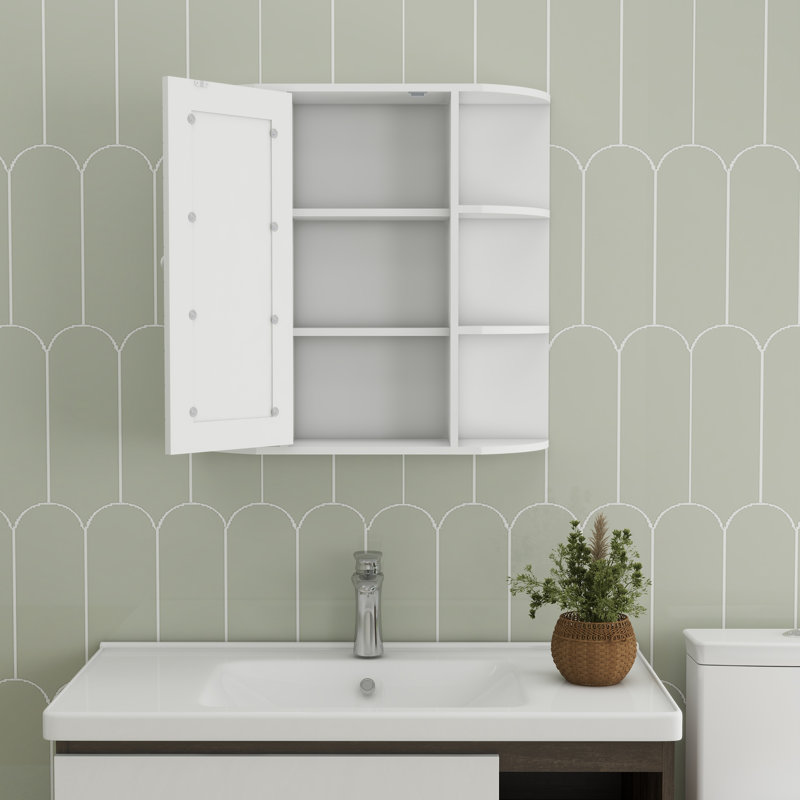 Armoire à pharmacie murale de salle de bain avec miroir, 6 tablettes ouvertes et 3 réglables, blanc