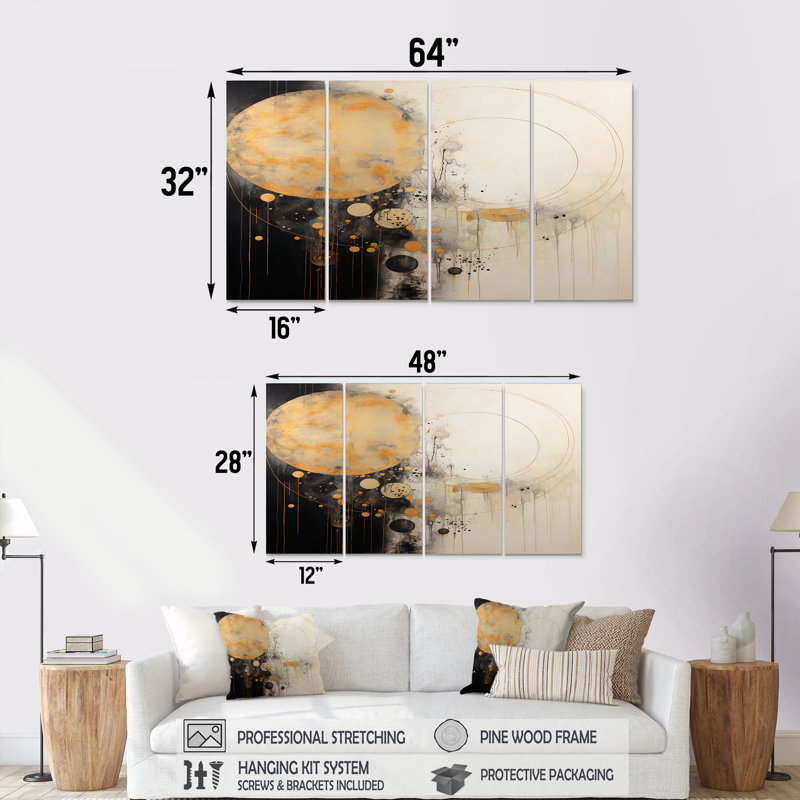 «Full Moon Time Balance I», ensemble d'art mural abstrait 4 pièces, H 32 po x l 64 po