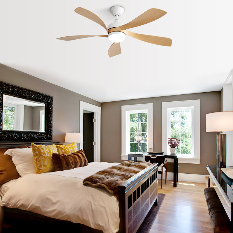 52 Inch Modern LED Ceiling Fan with Dimmable Light and Remote Control, White, Oak Wood