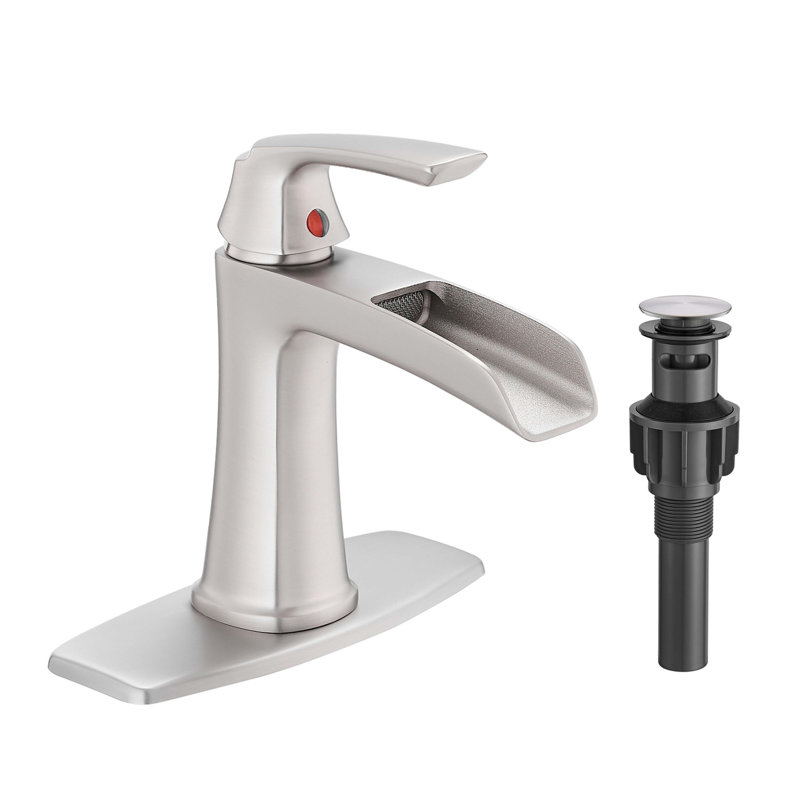 Robinet de salle de bain Waterfall avec bonde escamotable et plaque de pont, Nickel brossé