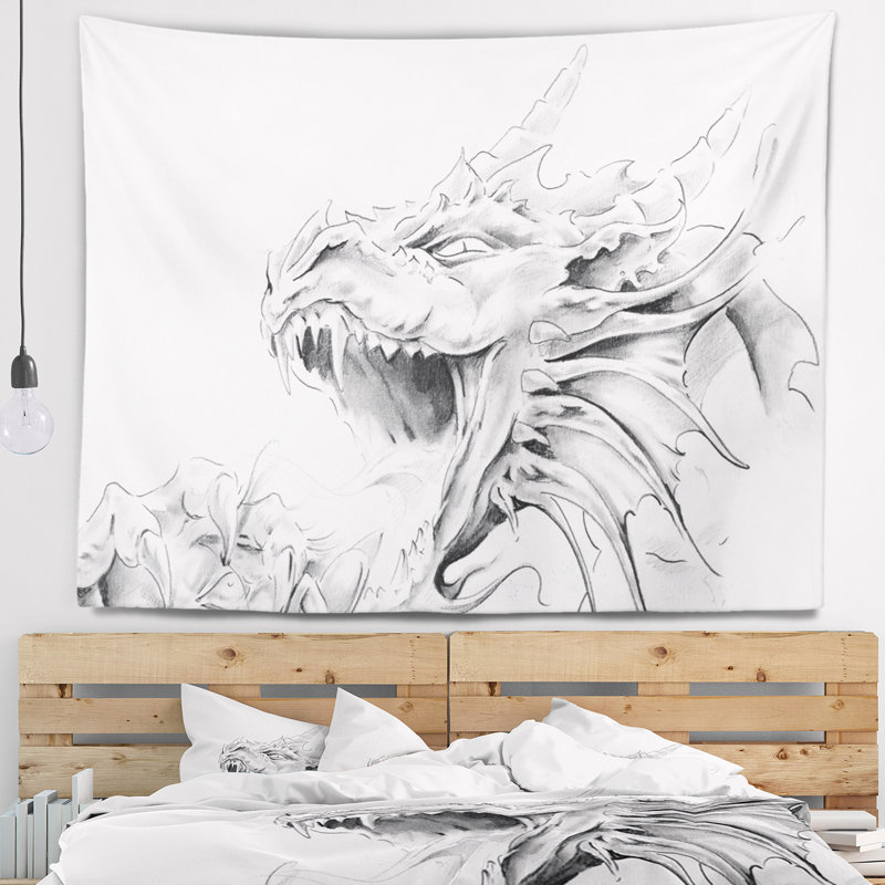 Tapisserie croquis de tatouage dragon, H 32 po x l 39 po