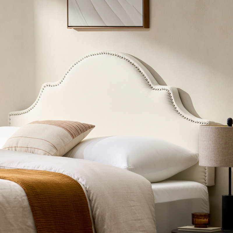 Tête de lit pour lit grand et grand lit, tissu, arche gracieuse, jante cloutée, pieds réglables, tissu et lits sur mesure