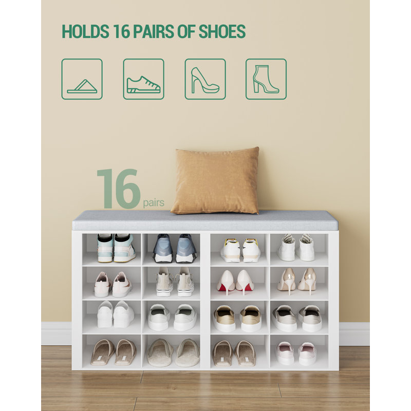 Shoe Storage Bench with Padded Seat, Shoe Rack Bench with 16 Open Compartments, Adjustable Shelves, Shoes Cabinet with Cushion for Hallway, Living Room, Bedroom, Entryway 