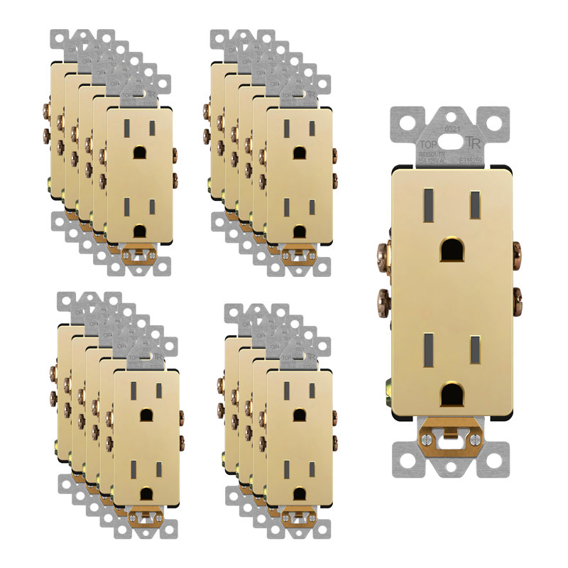 Enerlites Residential Grade 15A Decorator Style Self-Grounding Tamper Resistant Duplex Receptacle - Gold (20-Pack), Gold