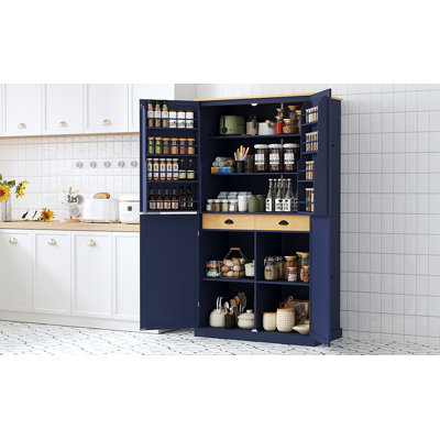 [Vidéo d'assemblage fournie] Armoire de rangement surdimensionnée de 40,2 x 20 x 71,3 pouces pour garde-manger grande taille avec 2 tiroirs, 2 tablettes réglables, 8 tablettes de porte pour la cuisine, la salle à manger, bleu Topmax