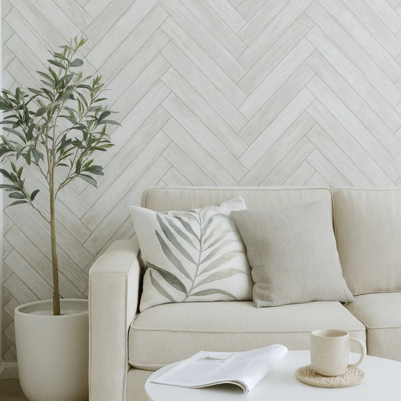 Papier peint rustique gris clair à chevrons zigzag délavé, Chêne pâle