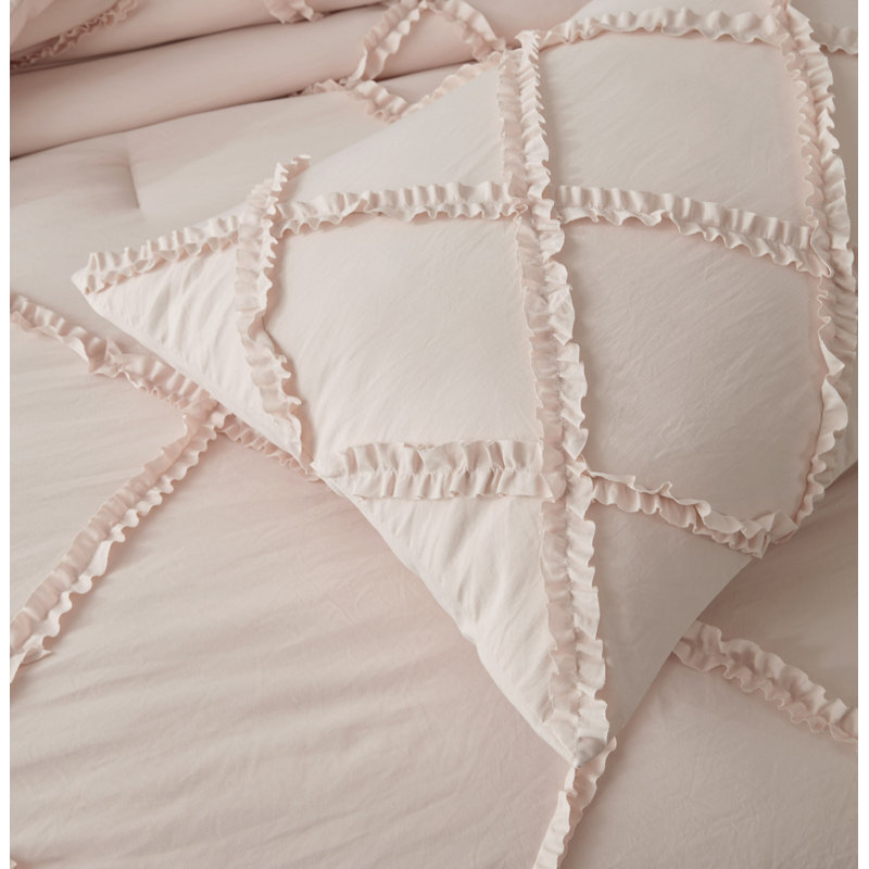 Vivian Soft Washed Microfiber Ruffle Comforter Set, King Comforter + 2 KingShams, Blush