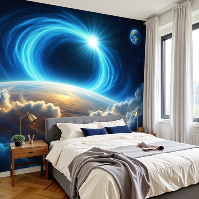 Peel and Stick Wallpaper 144" W x 100" H Modern Self Adhesive Wall Mural for Bedroom Cosmic Energy Ring Horizon Glowing Blue Dramatic Galaxy Celestial
