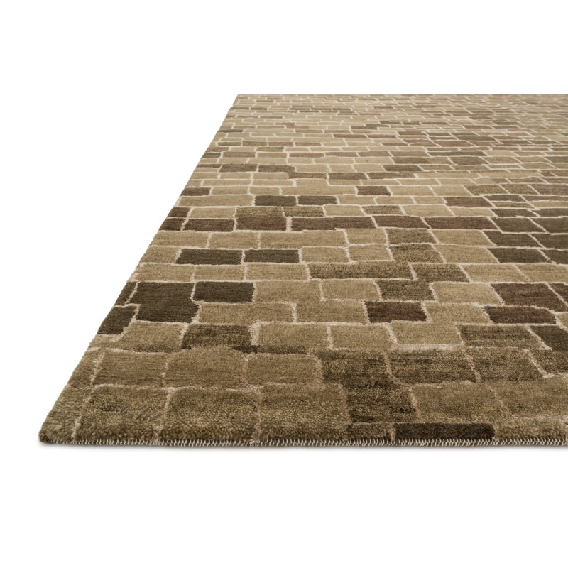 Tapis latte / brun noué à la main à motif géométrique Hermitage, Rectangle 7 pi 9 po x 9 pi 9 po