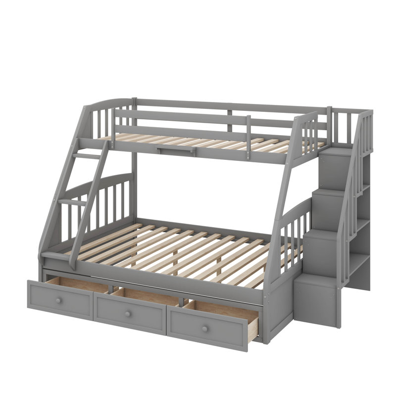 Lit superposé simple au-dessus de double contemporain en bois avec escalier de rangement à trois tiroirs et échelle, Gris