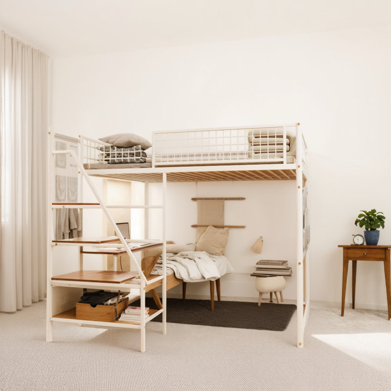 Full-size Metal Loft Bed - Ideal For Bedrooms And Dorms, It Comes With A Built-in Charging Station And Led Lighting, Making It Practical And Convenient In One Step.