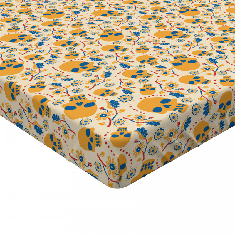 Microfiber Fitted Sheet, Mustard/Navy Skull, Twin Fitted Sheet