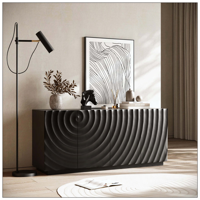Buffet à 4 portes de style campagnard avec poignée cachée, distinctif, fonction de rangement, meuble télé et crédence de bureau pour le salon, le couloir, la salle à manger