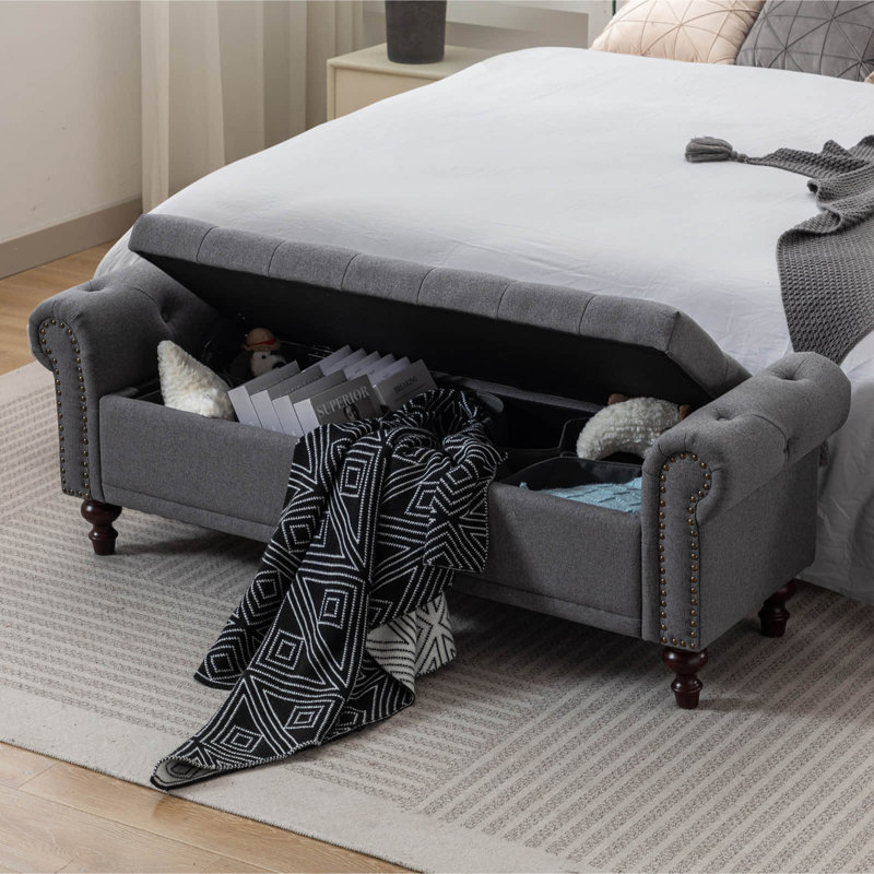 Velvet/Linen Upholstered Storage Bench With Segmented Storage Compartments, Grey