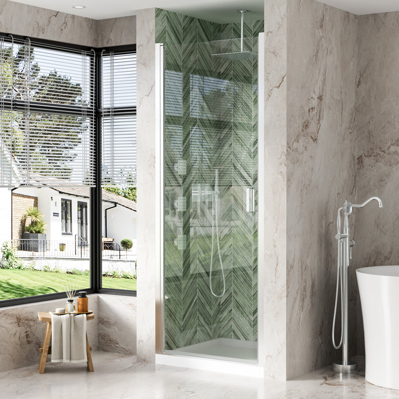 Porte de douche pivotante semi-cadrée 32 "x 72" avec verre trempé transparent de 1/4 pouce (6mm) et poignée, chrome, Chrome