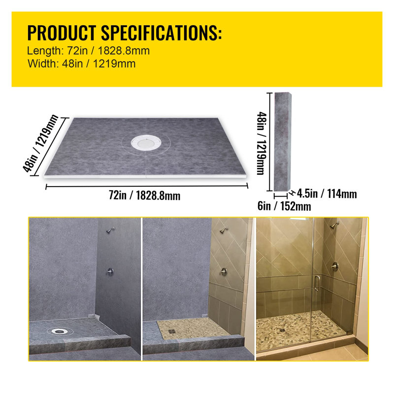 Ensemble de bordure de douche imperméable 48 po x 72 po avec bac pré-incliné, bonde en acier inoxydable et membrane PEHD pour l'installation des carreaux