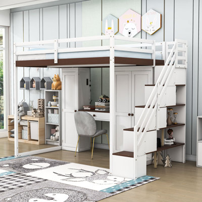 Lit mezzanine double avec coiffeuse, armoire, miroir et station de charge