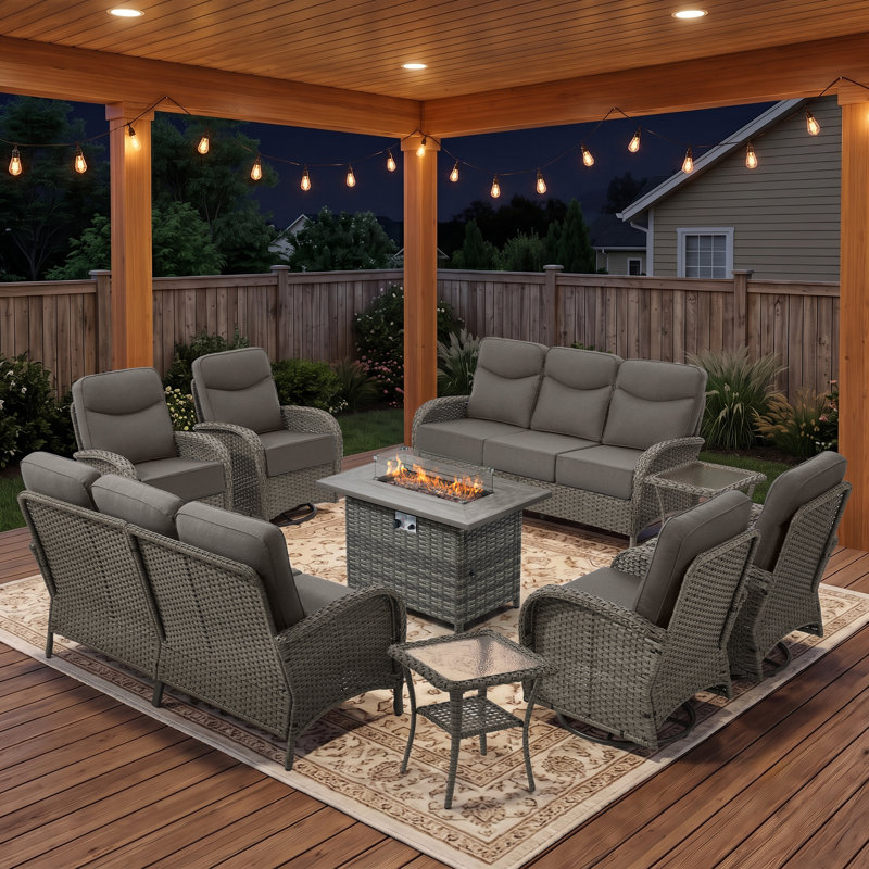 Ensemble de conversation pour foyer extérieur en osier 8 pièces avec canapé, fauteuils pivotants et repose-pieds 8 pièces