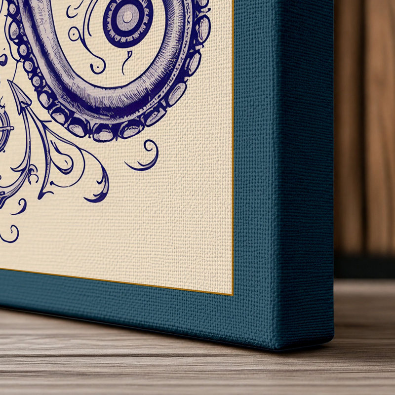 Symmetrical Octopus Japandi - Wrapped Canvas, 24x16 - 61.0 x 40.6 cm, Teal Border