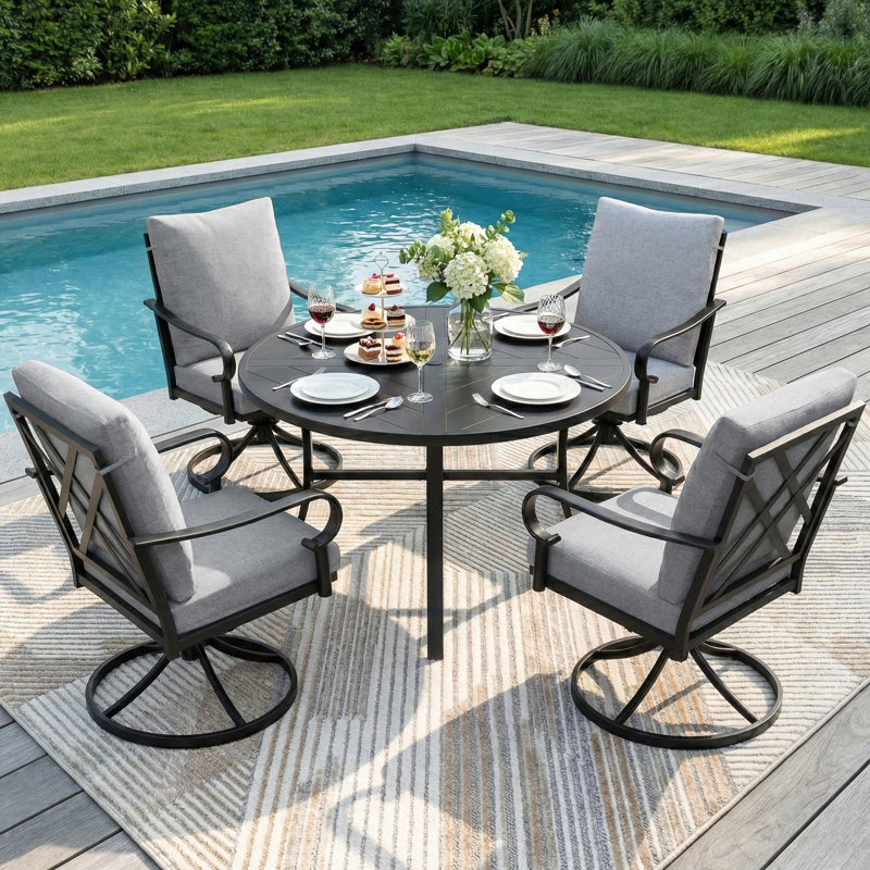 5-Piece Patio Dining Set – 38" Round Table + 4 Swivel Rocking Chairs