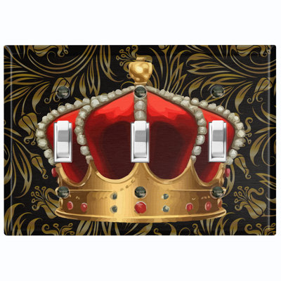 Metal Light Switch Plate Outlet Cover (Red King Crown Elegant Leaves - Triple Toggle)