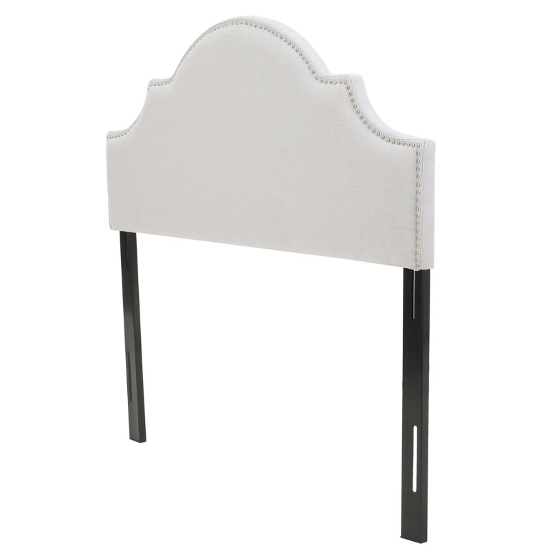 Tête de lit double et grand lit - Design élégant, garniture cloutée, pieds réglables, invitant, ton gris et design élégant avec arche, pieds et tissu
