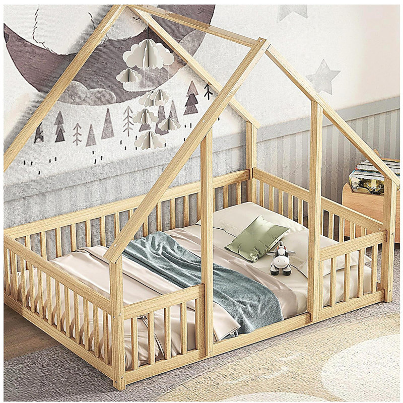Lit en bois en forme de maison avec rampe, main courante, Gris, Lit simple