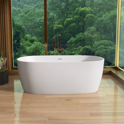 59 in. L  X 36 in. W Solid Surface Freestanding Soaking Bathtub with Center Drain in Matte White