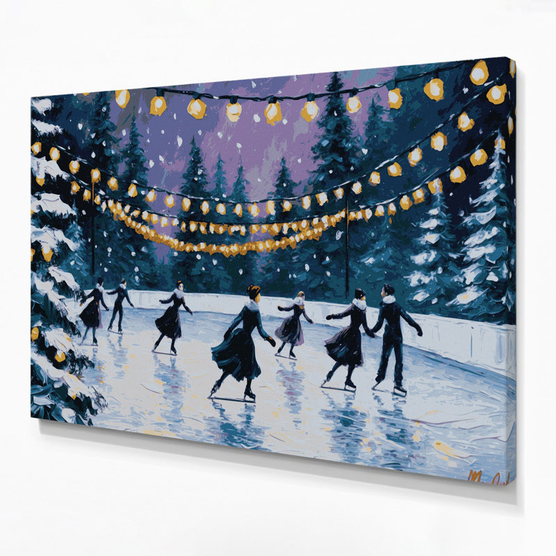 Art sur toile bleu, patinoire de Noël avec lumières des Fêtes, H 20 po x l 30 po
