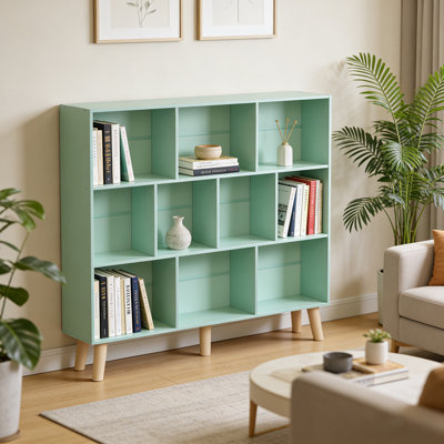 3 Tier Modern Wide Bookcase With Legs, Wood Freestanding Organizer Display Shelf, 10 Cube Bookshelf